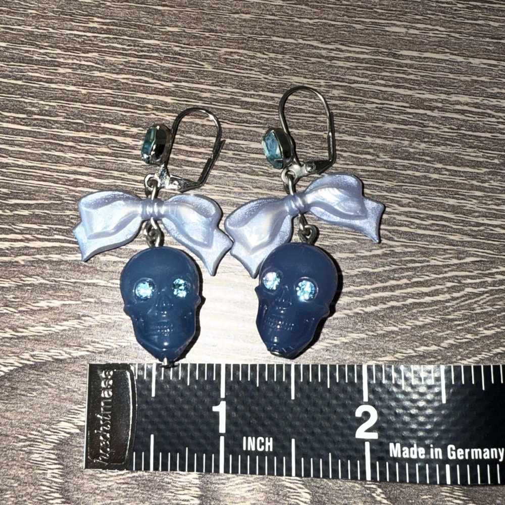 Tarina Tarantino Blue Skull Earrings with Light Blue Bows - Picture 4 of 5